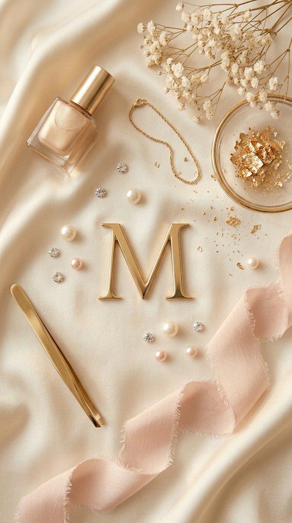 แบรนด์ Muay Nails — M ทองคำ บนผ้าซาตินครีม พร้อมไข่มุก คริสตัล และผ้าพันคอสีโรส